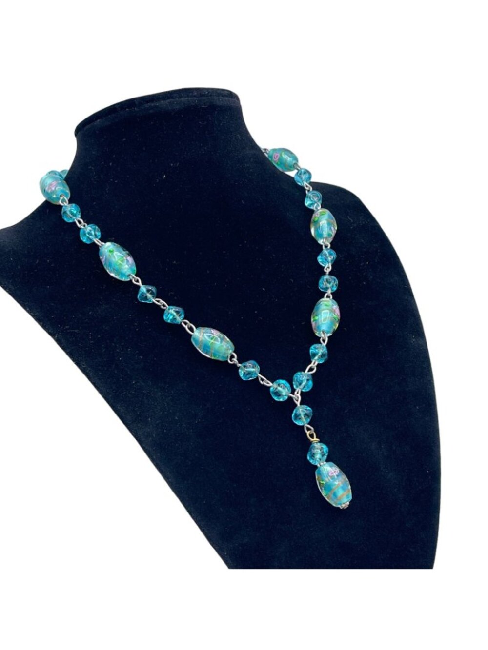 Handmade Glass Bead Lavalier Necklace Teal Gold Pink Rose Sterling Vintage 1950s - Picture 2 of 13